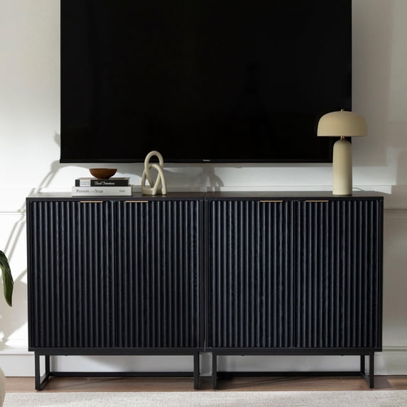 EYYTHUNG Fluted Storage Cabinet Set of 2, Modern Accent Sideboard Buffet with Adjustable Shelves, Credenza, Console Table, Black