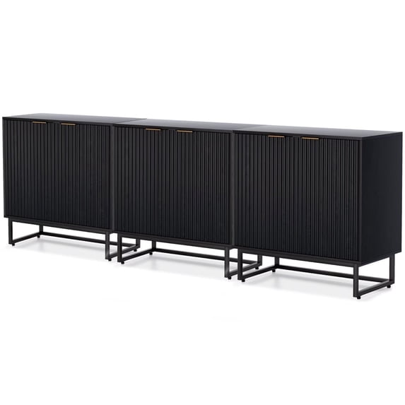 EYYTHUNG Fluted Storage Cabinet Set of 3, Sideboard Buffet Cabinet Modern Accent Cabinet with Adjustable Shelves, Credenza, Black