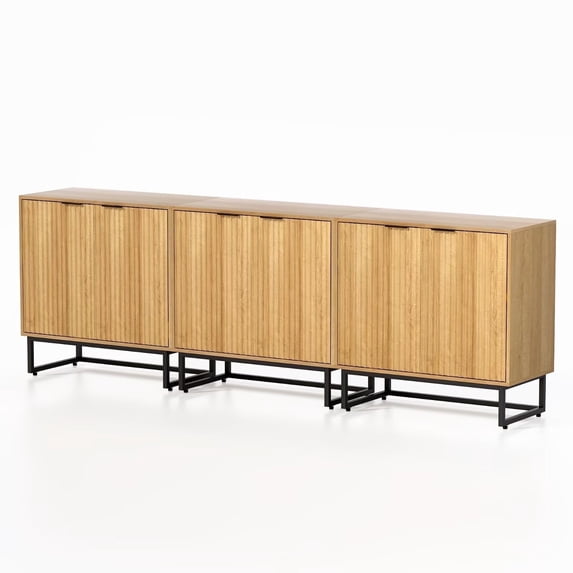 EYYTHUNG Fluted Storage Cabinet Set of 3, Sideboard Buffet Cabinet Modern Accent Cabinet with Adjustable Shelves, Credenza, Natural Oak