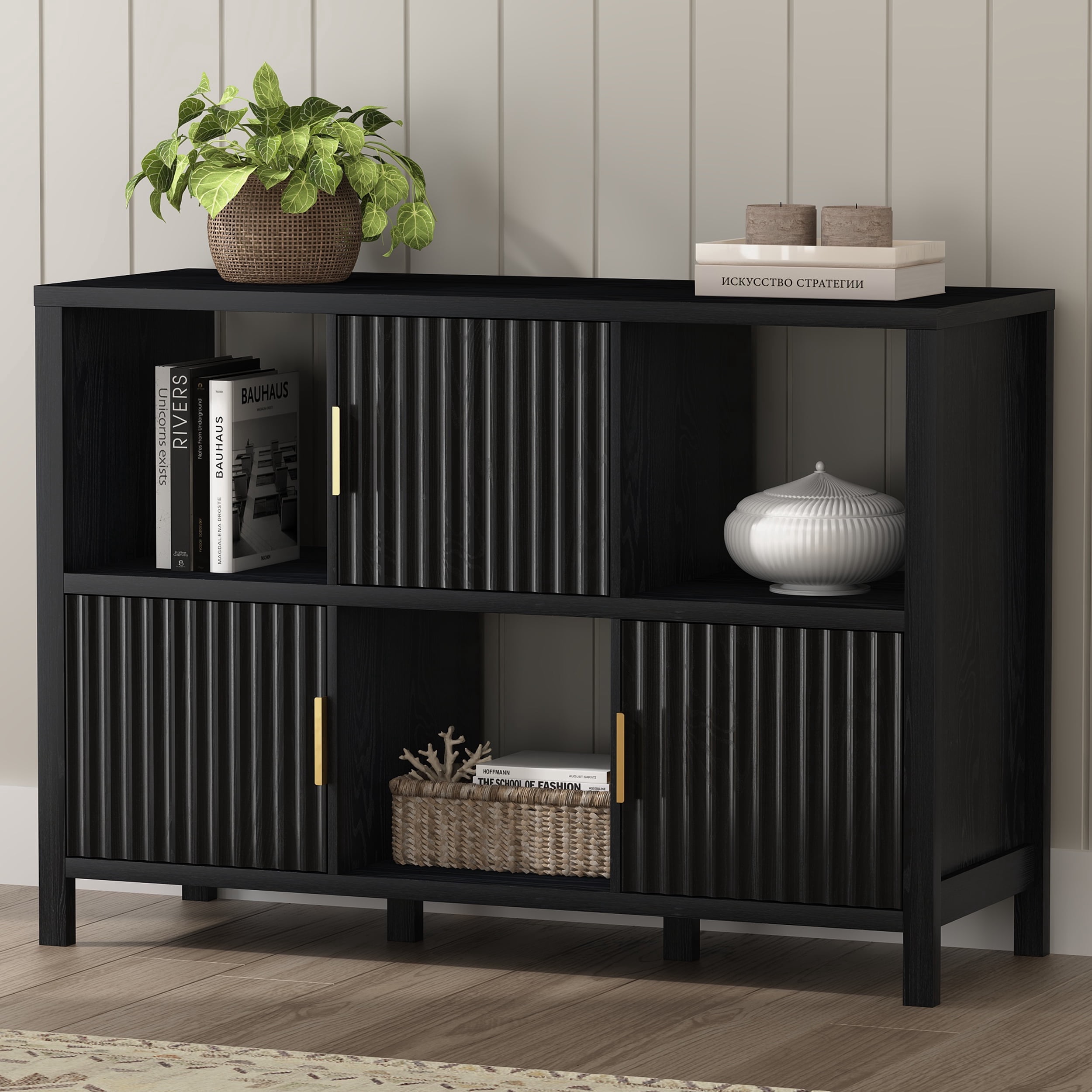 EYYTHUNG Fluted Storage Organizer Bookshelf, Modern Cube Bookcase with 3 Open Shelf and 3 Cabinets with Doors, Black