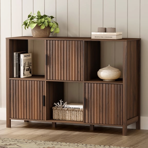 EYYTHUNG Fluted Storage Organizer Bookshelf, Modern Cube Bookcase with 3 Open Shelf and 3 Cabinets with Doors, Brown