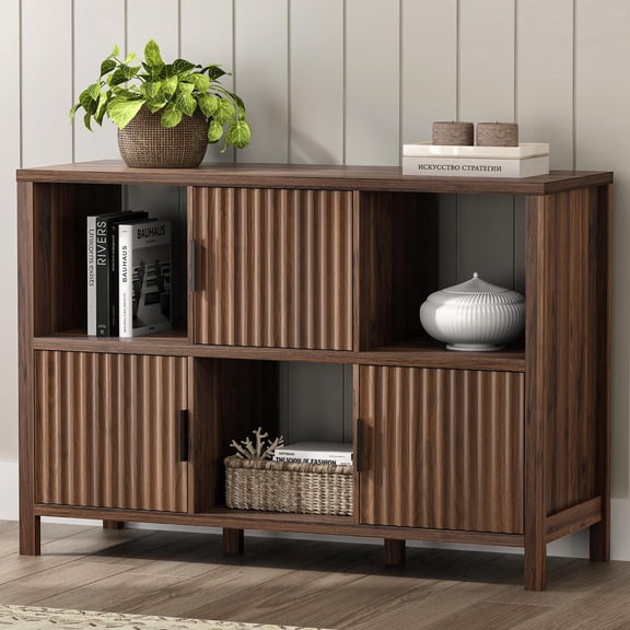EYYTHUNG Fluted Storage Organizer Bookshelf, Modern Cube Bookcase with 3 Open Shelf and 3 Cabinets with Doors, Brown