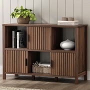 EYYTHUNG Fluted Storage Organizer Bookshelf, Modern Cube Bookcase with 3 Open Shelf and 3 Cabinets with Doors, Brown
