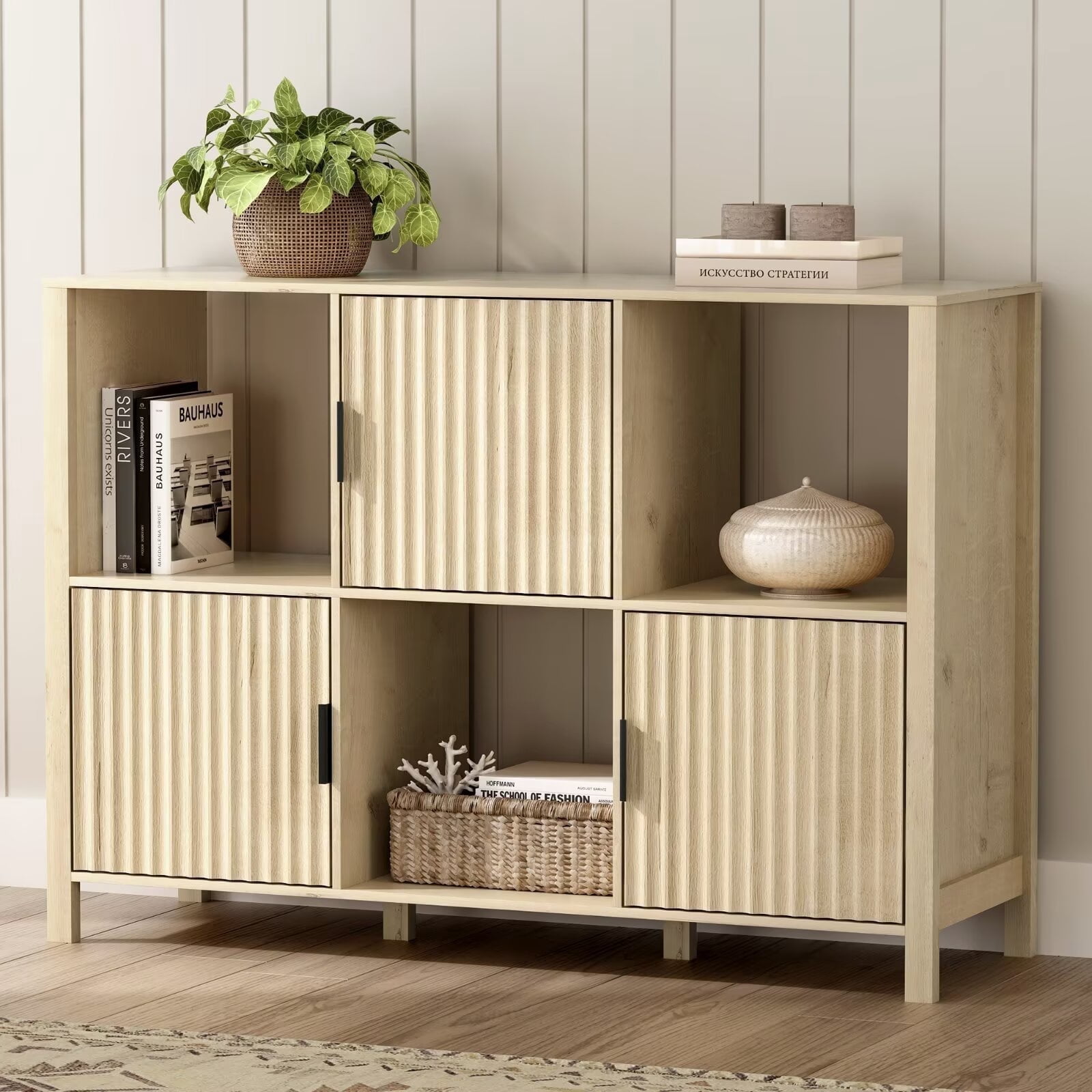 EYYTHUNG Fluted Storage Organizer Bookshelf, Modern Cube Bookcase with 3 Open Shelf and 3 Cabinets with Doors, Light Oak