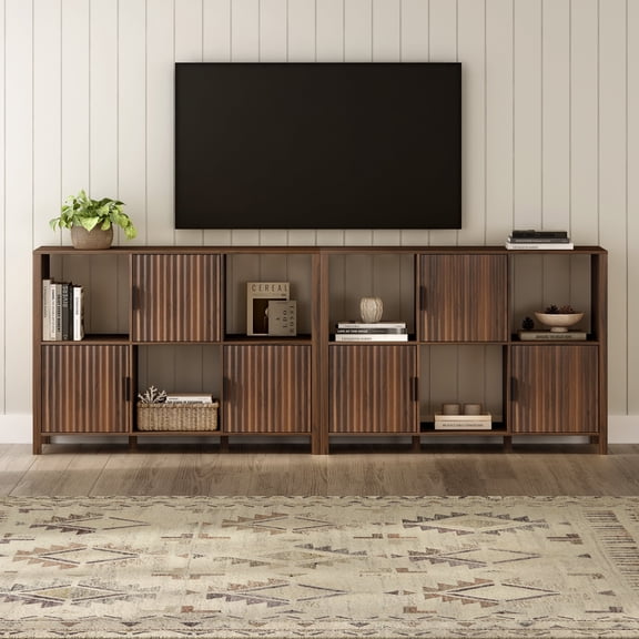 EYYTHUNG Fluted Storage Organizer Bookshelf Set of 2, Modern Cube Bookcase with 3 Open Shelf and 3 Cabinets with Doors, Brown