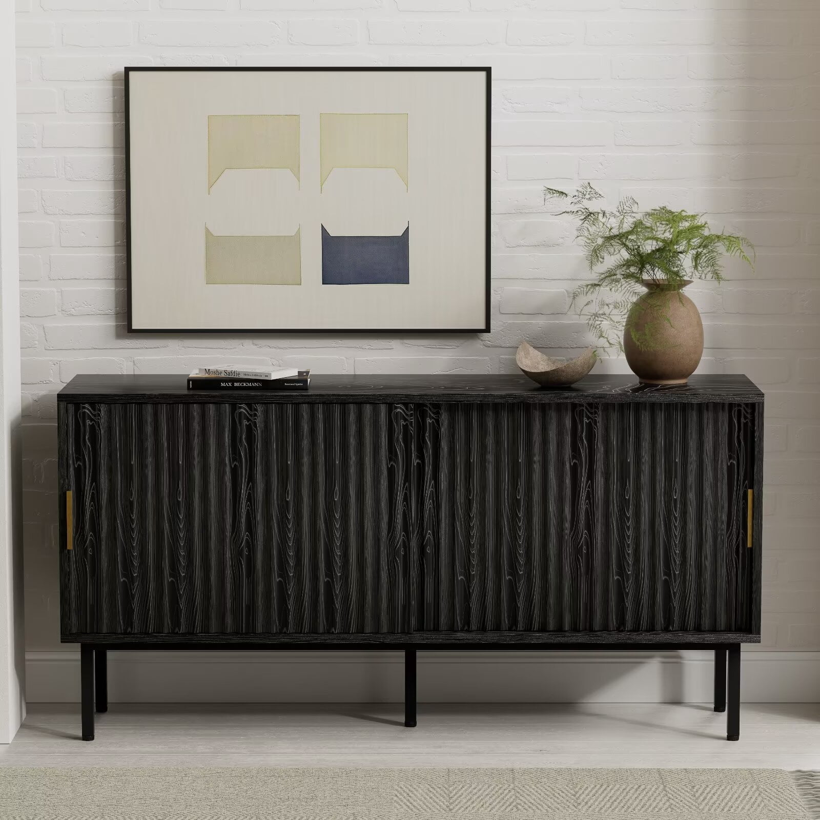 EYYTHUNG Fluted TV Stand with Sliding Doors, 47" Mid Century Entertainment Center with Adjustable Shelf, Wooden Media TV Console with Storage Cabinet, Black