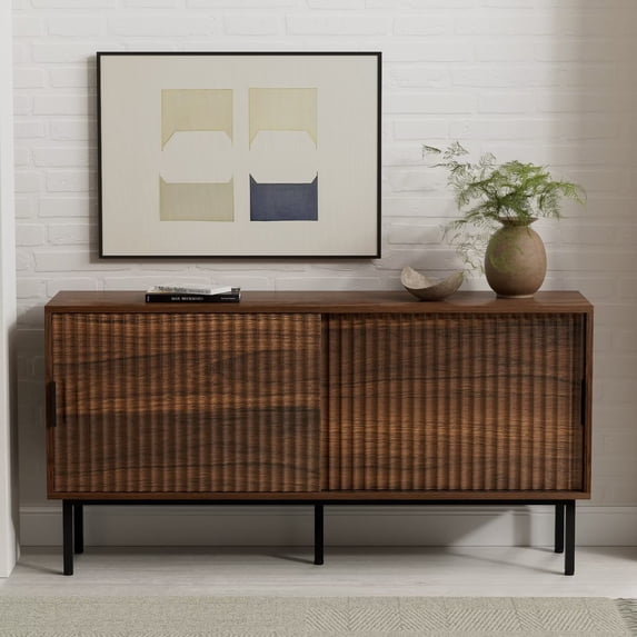 EYYTHUNG Fluted TV Stand with Sliding Doors, 47" Mid Century Storage Cabinet with Adjustable Shelf, Wooden Media TV Console Entertainment Center, Brown