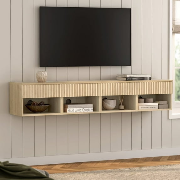 EYYTHUNG Fluted TV Stands Set of 4, Small Modern Wall-Mounted Bedside Table with Drawer & Open Shelf, Fluted Floating Nightstand, Light Oak