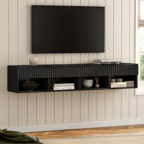 EYYTHUNG Fluted TV Stands Set of 4, Small Modern Wall-Mounted Bedside Table with Drawer & Open Shelf, Fluted Floating Nightstand, Black