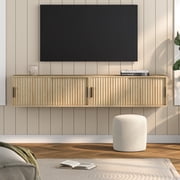 EYYTHUNG Fluted Wall Cabinet with Sliding Doors, Modern Floating Nightstand Storage Shelf, Set of 2, Light Oak