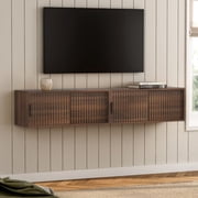 EYYTHUNG Fluted Wall Cabinet with Sliding Doors, Modern Floating Nightstand Storage Shelf, Set of 2, Brown