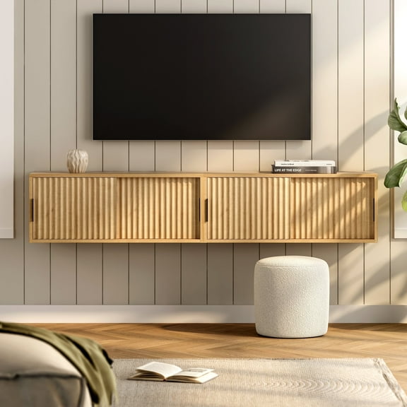 EYYTHUNG Fluted Floating TV Stand, Modern Nightstand Wall Mount with Sliding Doors Storage Shelf, Set of 2, Natural Oak