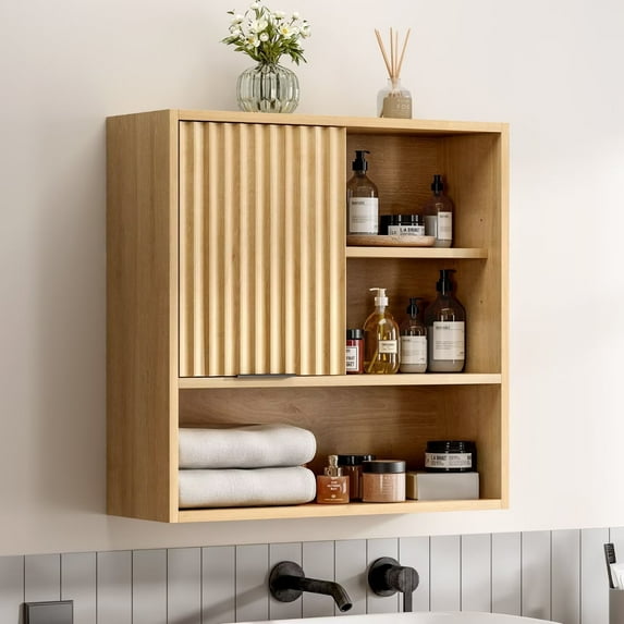 EYYTHUNG Fluted Wall-Mounted Cabinet Bathroom, Modern Medicine Cabinet with Adjustable Shelf Wood Storage Cabinet, Natural Oak