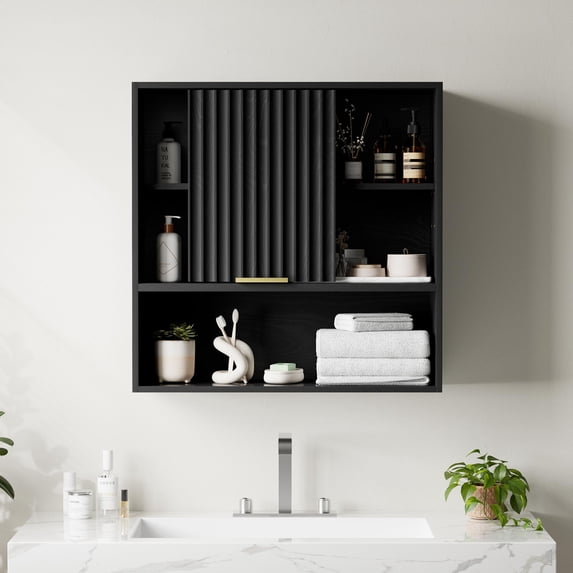 EYYTHUNG Fluted Wall-Mounted Cabinet Bathroom Modern Medicine Cabinet with Sliding Door Adjustable Shelf Wood Storage Cabinet, Black