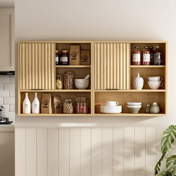 EYYTHUNG Fluted Wall-Mounted Cabinet Set of 2, Modern Wood Storage Cabinet with Sliding Door, 3 Adjustable Shelves