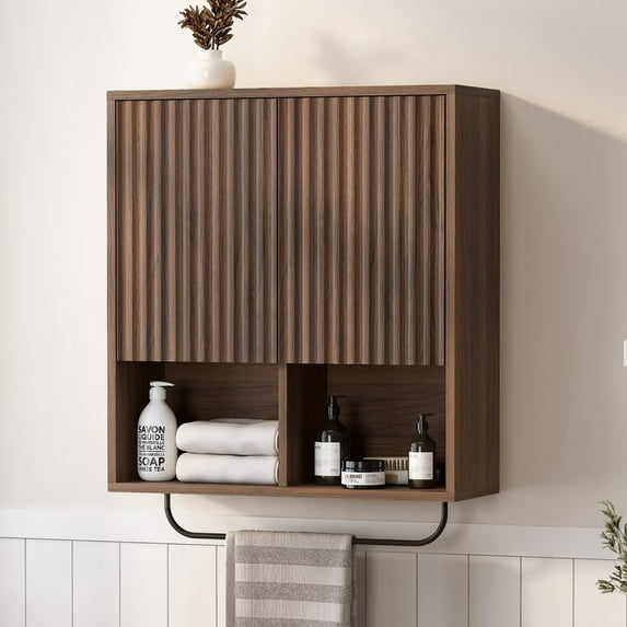 EYYTHUNG Fluted Wooden Medicine Cabinet Storage, Brown Bathroom Wall Cabinet with 2 Doors Adjustable Shelf and Towels Bar