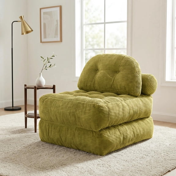 EYYTHUNG Green Folding Sofa Bed, Convertible Boneless Floor Chair with Dual Pillow & Handle, Foldable Lounge Chair with Back Support for Living Room, Apartment, Single Seater, Convertible