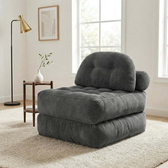 EYYTHUNG Grey Folding Sofa Bed, Convertible Boneless Floor Chair with Dual Pillow & Handle, Foldable Lounge Chair with Back Support for Living Room, Single Seater, Convertible