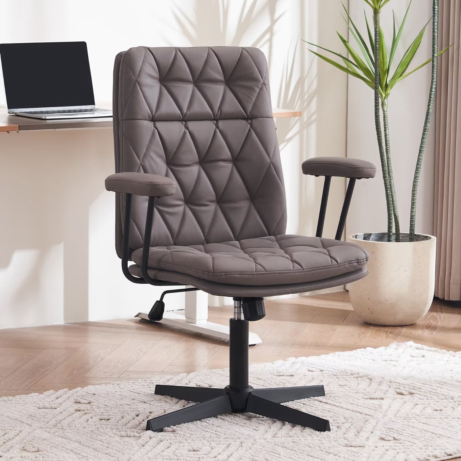 EYYTHUNG Swivel Home Desk Chair with Arms, Adjustable Working Computer Chair, No Wheels, Brown