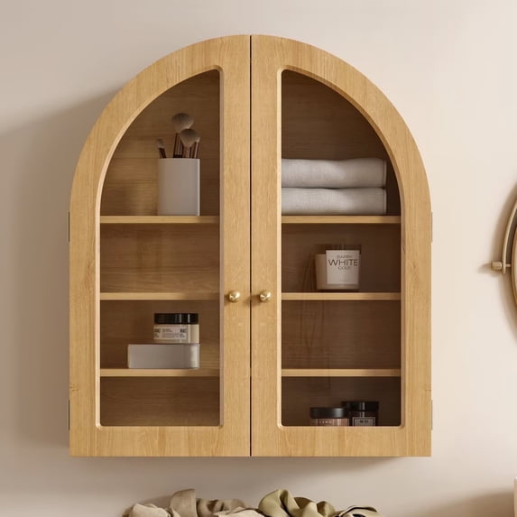 EYYTHUNG Large Arched Wall Cabinet, Bathroom Medicine Cabinet Cupboard with Adjustable Shelf, Natural Oak