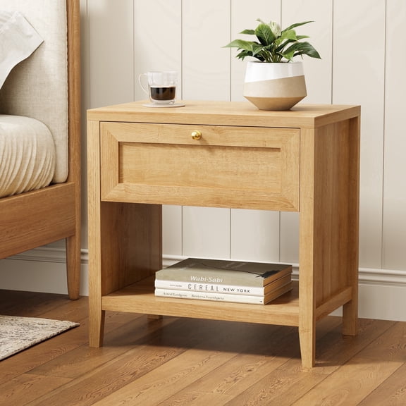 EYYTHUNG Large Nightstand Farmhouse Bedside End Table with Open Storage Shelf, Modern Wood Night Stand for Sofa, Natural Oak