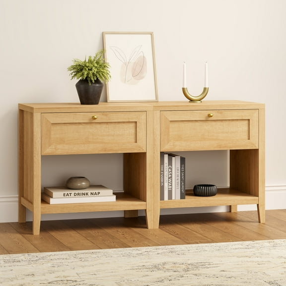 EYYTHUNG Large Nightstand Set of 2, Farmhouse Bedside End Table with Open Storage Shelf, Modern Wood Night Stand for Sofa, Natural Oak