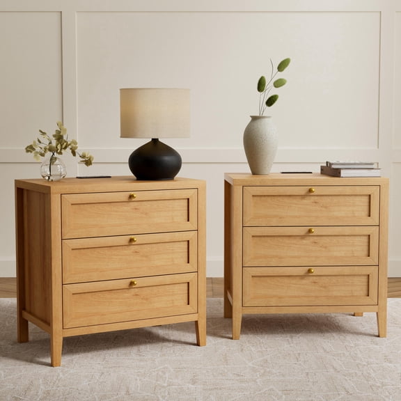 EYYTHUNG Large Nightstand Set of 2 with 3 Drawers, Farmhouse Bedside End Table with Charging Station, Modern Wood Night Stand, Natural Oak