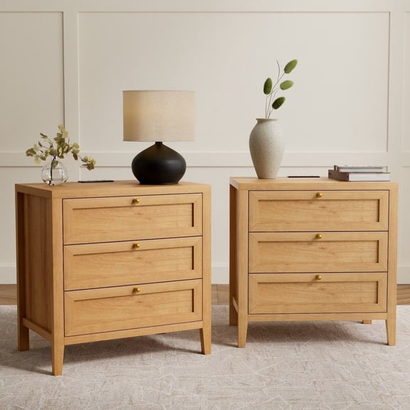 EYYTHUNG Large Nightstand Set of 2 with 3 Drawers, Farmhouse Bedside End Table with Charging Station, Modern Wood Night Stand, Natural Oak