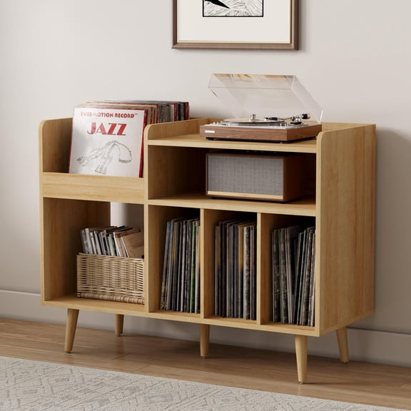 EYYTHUNG Large Record Player Stand Vinyl Record Storage Cabinet Turntable Stand Table Open Shelf, Natural Oak