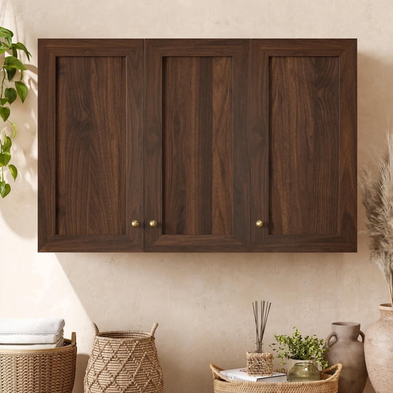 EYYTHUNG Large Wall Cabinets Laundry Room Wall Mounted Medicine Cabinet with 3 Door and Shelves Floating Cupboard Kitchen Organizers Pantry Cabinets, Brown