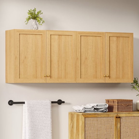 EYYTHUNG Laundry Wall Cabinets Set of 2, Farmhouse Wood Storage Cabinet with Doors and Adjustable Shelf Wall Mounted Cabinets, Natural Oak