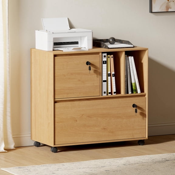 EYYTHUNG Mobile File Cabinet with Lock, Lateral File Cabinet with Wheels, Printer Stand with 2 Drawers, Home Office File Organizer for Letter/Legal/A4 Size Hanging File, Natural Oak