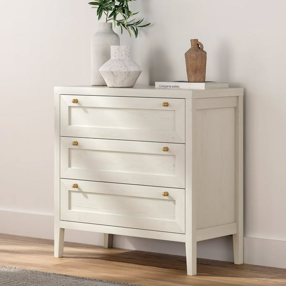 EYYTHUNG Modern 3 Drawer Dresser, Chest of Drawers Cabinet Wood, Antique White