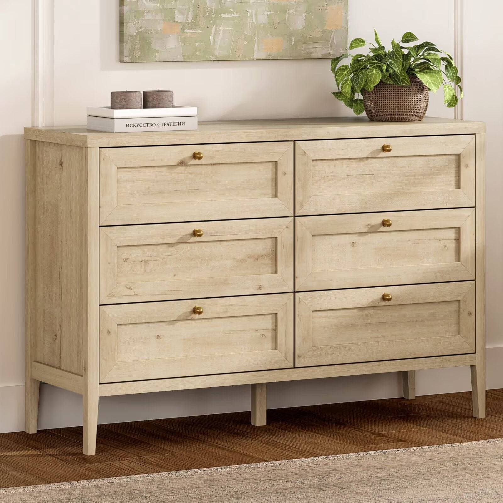 EYYTHUNG Modern 6-Drawer Storage Dresser for Bedroom, Chest of Drawers with Golden Handles, Cabinet Side Table, Light Oak