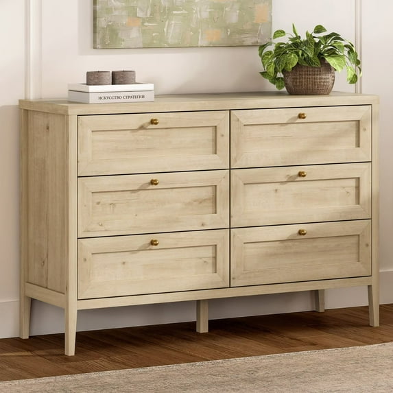EYYTHUNG Modern 6-Drawer Storage Dresser for Bedroom, Chest of Drawers with Golden Handles, Cabinet Side Table, Light Oak