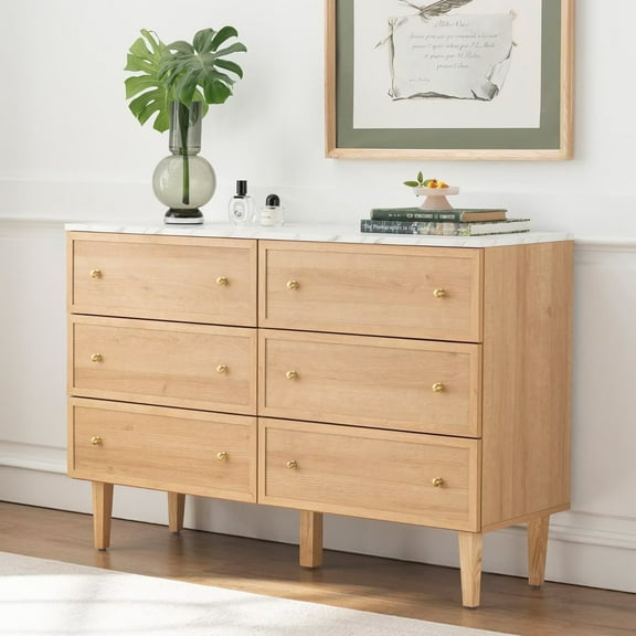 EYYTHUNG Modern Chest of Drawers Cabinet with Faux Marble Top, 6 Drawer Storage Dresser TV Stand with Golden Handles, Natural Oak
