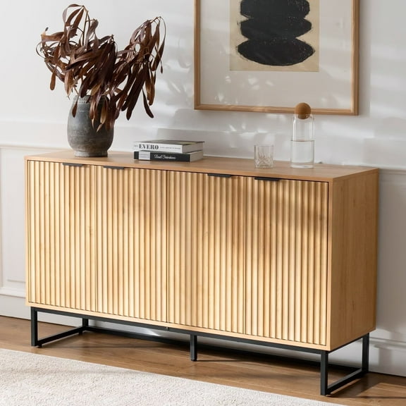 EYYTHUNG Modern Fluted Sideboard Buffet Cabinet, Boho Chic Storage Credenza with Adjustable Shelves, Bar Cabinet, Natural Oak