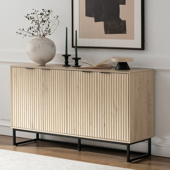 EYYTHUNG Modern Accent Fluted Sideboard Buffet Cabinet, Boho Chic Storage Credenza with Adjustable Shelves, Bar Cabinet, Light Oak