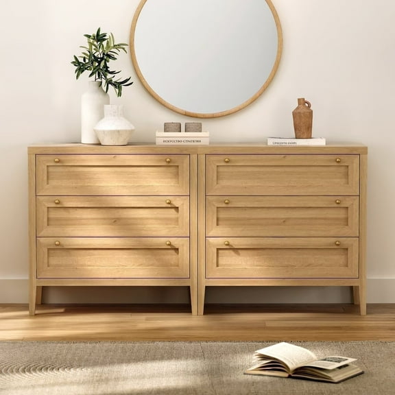 EYYTHUNG Modern Chest of Drawers Cabinet Wood with Golden Handles Set of 2, Natural Oak