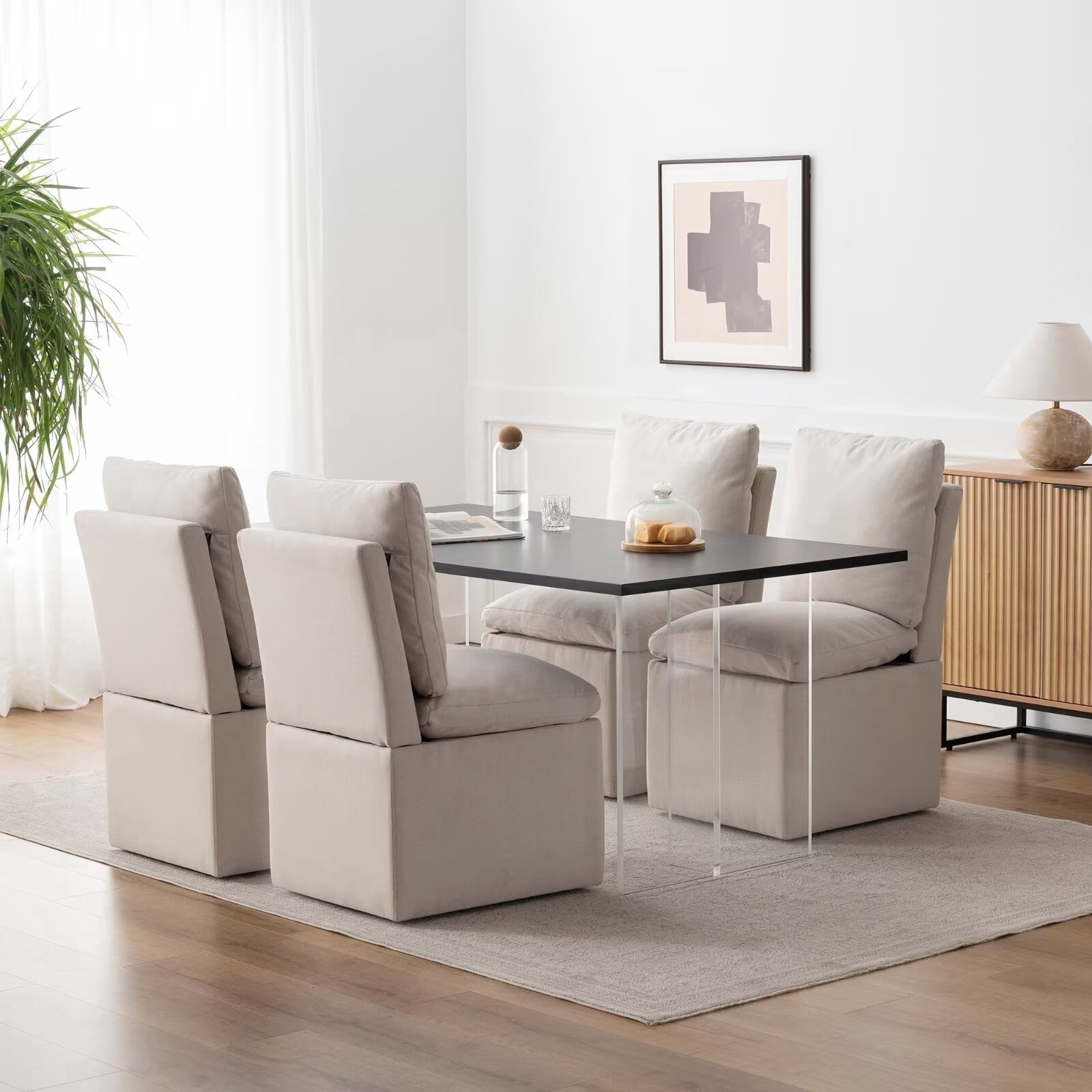 EYYTHUNG Modern Dining Chair with Casters Set of 4, Upholstered Dining Room Chairs with Concealed Storage Space, Linen Fabric Armless Seat
