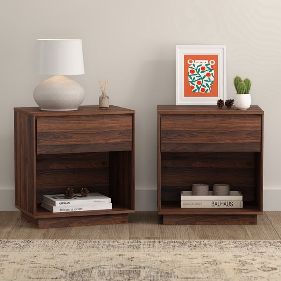 EYYTHUNG Modern End Side Table Set of 2, Farmhouse 18" Wood Nightstand Boho Bedside Table Accent Night Stand, Brown
