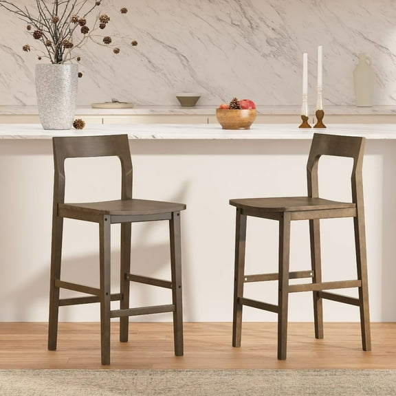 EYYTHUNG Modern Farmhouse Bar Stools 25 inch Mid-Century Solid Wood Counter Height Stools with Back Support Barstools Chairs for Kitchen Dining Room Set of 2, Brown