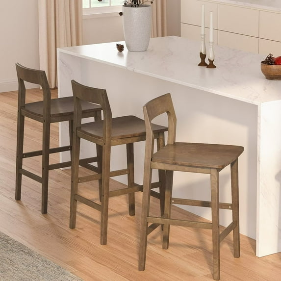 EYYTHUNG Modern Farmhouse Bar Stools 25 inch Mid-Century Solid Wood Counter Height Stools with Back Support Barstools Chairs for Kitchen Dining Room Set of 3, Brown