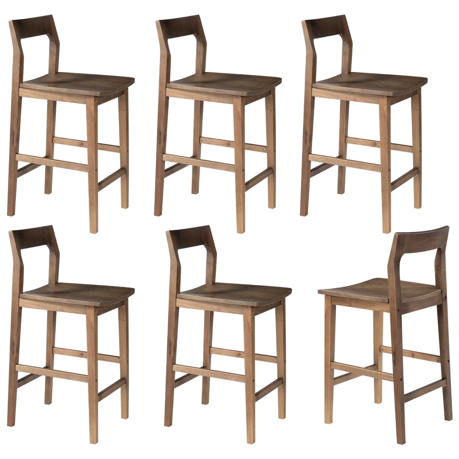 EYYTHUNG Modern Farmhouse Bar Stools 25 inch Mid-Century Solid Wood Counter Height Stools with Back Support Barstools Chairs for Kitchen Dining Room Set of 6, Brown