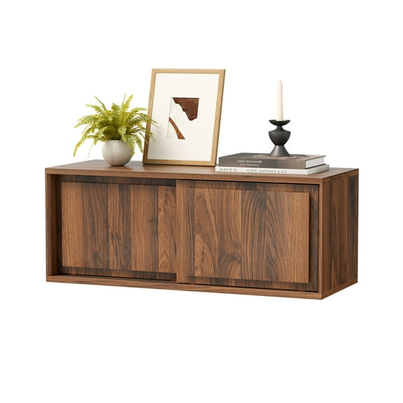 EYYTHUNG Modern Floating TV Stand, Accent Nightstands Wall Mounted Bedside Table Handless Storage Cabinet with Sliding Doors, Brown