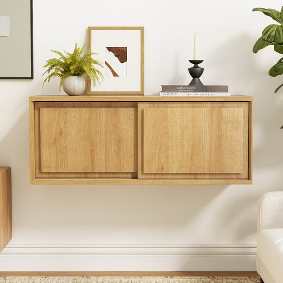EYYTHUNG Modern Floating TV Stand, Accent Nightstands Wall Mounted Bedside Table Handless Storage Cabinet with Sliding Doors, Natural Oak