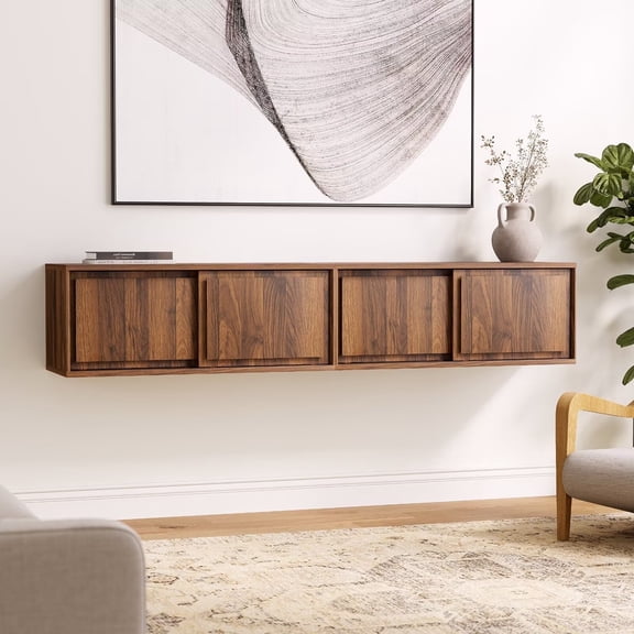 EYYTHUNG Modern Floating TV Stands Set of 2, Accent Nightstands Wall Mounted Bedside Table Handless Storage Cabinet with Sliding Doors, Brown