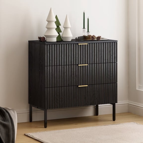 EYYTHUNG Fluted 3 Drawer Dresser with Metal Legs, Large Modern Chest of Drawers Bedside Nightstand Wood Dresser, Black