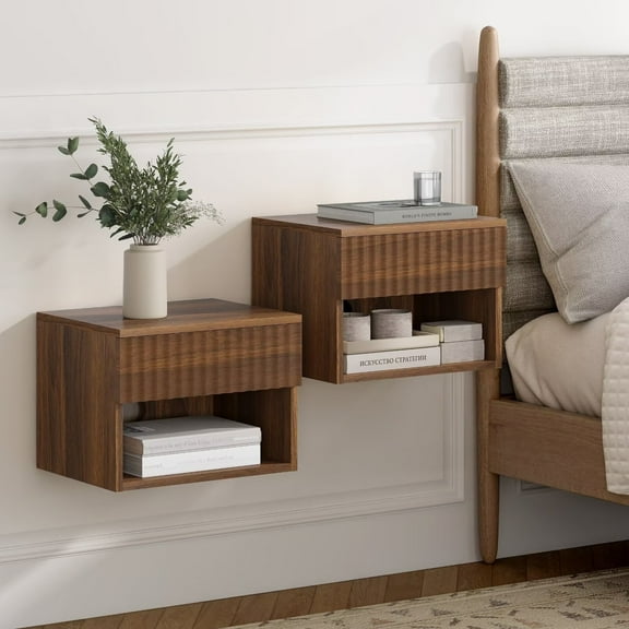 EYYTHUNG Modern Fluted Cabinet Floating Nightstand Set of 2, Wall Mount Bedside Table with Drawer for Small Spaces, Brown
