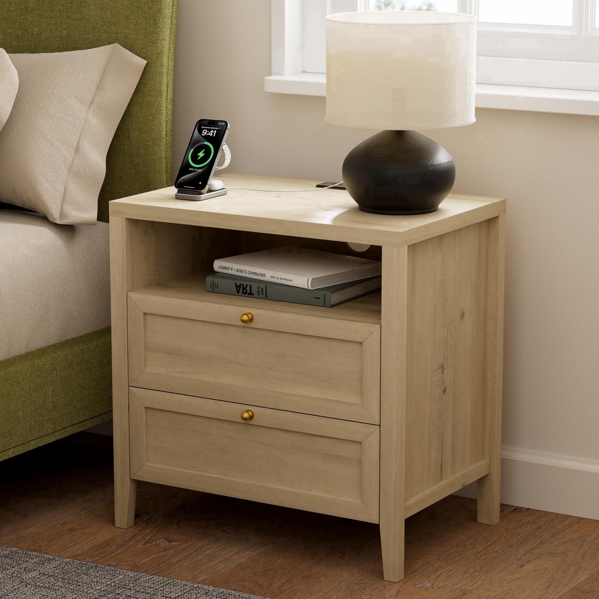EYYTHUNG Modern Nightstand with Drawers Wooden End Table with Charging Station Farmhouse Night Stand Bedside Side Table with Storage, Light Oak